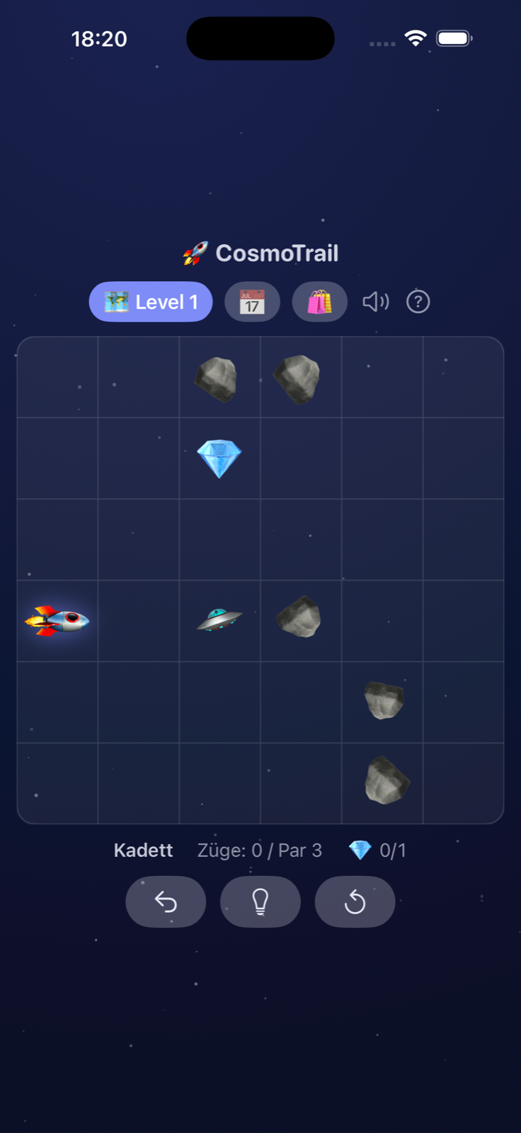 CosmoTrail Level 1 — Rakete, Kristall und Station