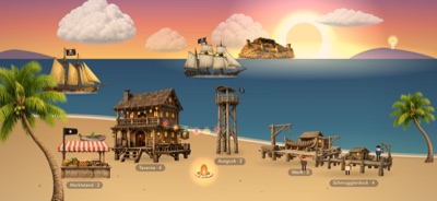 Pirates Bay im Sonnenuntergang — Bucht mit Schiff, Taverne und Werft